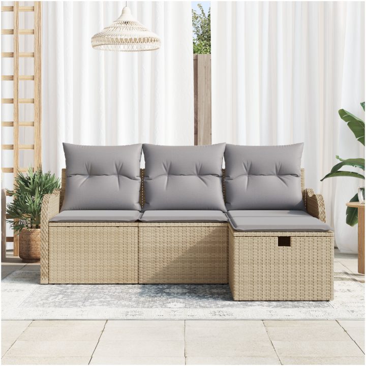 4-delad Trädgårdsoffset med Kuddar Beige Poly-Rotting vidaXL Stor – bild 3