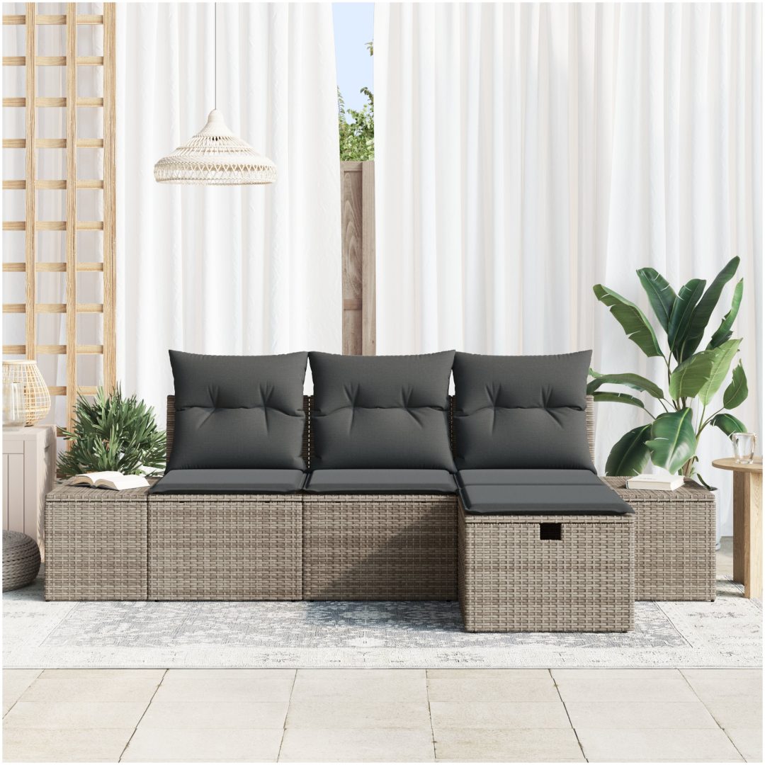 4-delad Trädgårdssoffgrupp med kuddar Grå Poly Rattan vidaXL 55 x 62 x 69 cm – bild 3