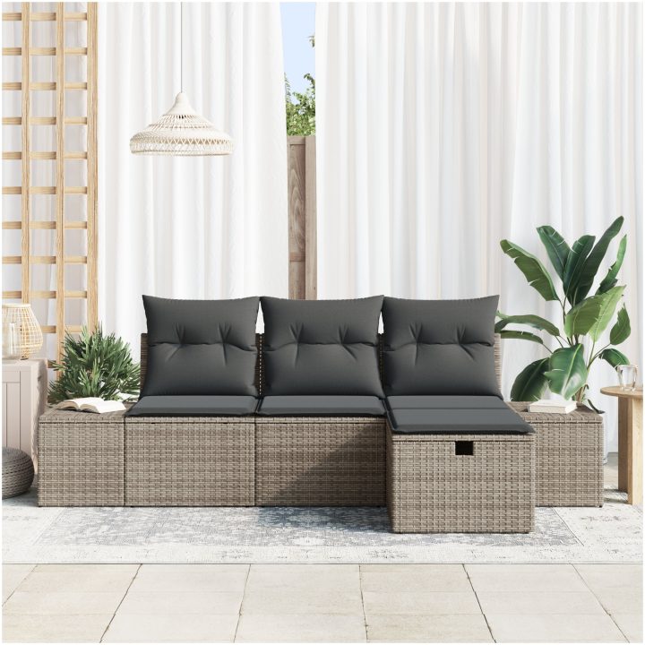 4-delad Trädgårdssoffgrupp med kuddar Grå Poly Rattan vidaXL 55 x 62 x 69 cm – bild 3