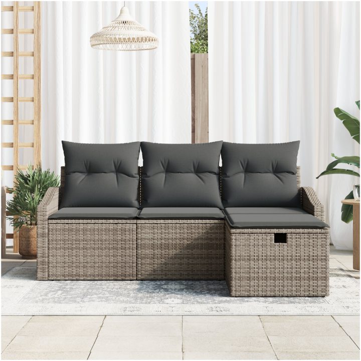 4-delad trädgårdssoffgrupp med kuddar i grå poly-rattan vidaXL 178 x 117 x 85 cm – bild 3