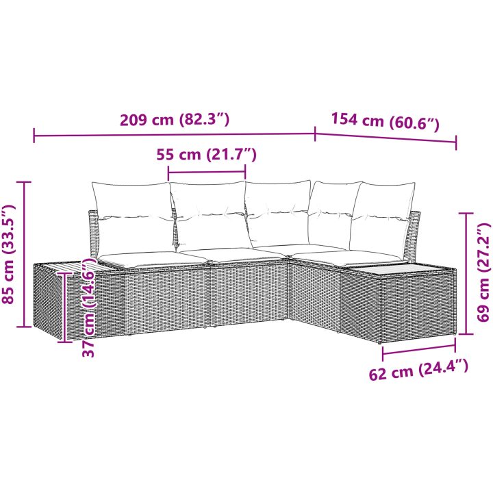 4-delade trädgårdsoffset med kuddar svart polyrotting akacia vidaXL 209 x 154 x 69 cm – bild 8