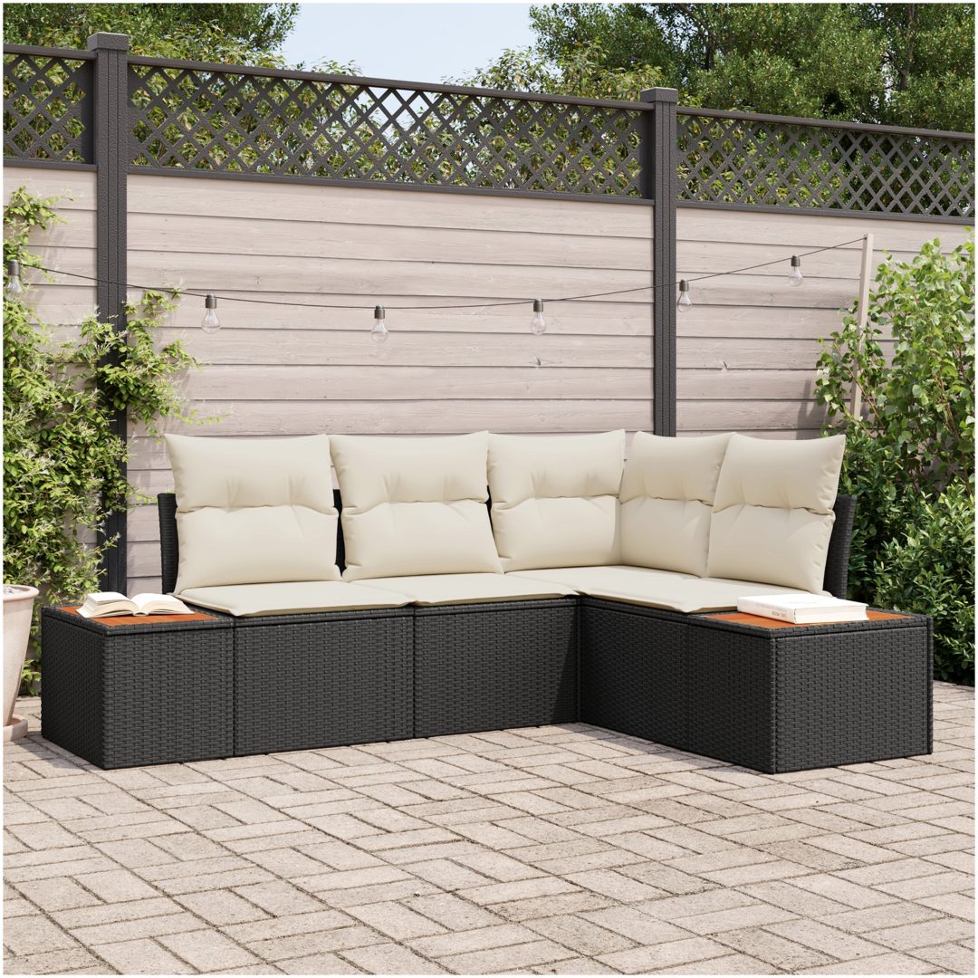 4-delade trädgårdsoffset med kuddar svart polyrotting akacia vidaXL 209 x 154 x 69 cm