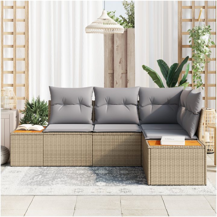 4 Delar Trädgårdsoff Set med Kuddar Beige Poly Rottning Akacia vidaXL 209 x 154 x 69 cm – bild 3