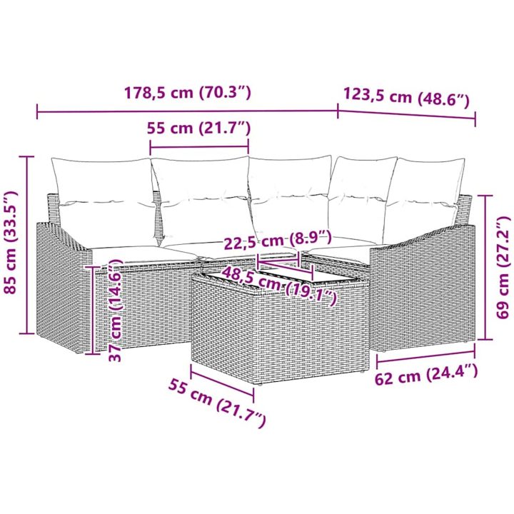 4 Delar Trädgårdsoffaset Med Kuddar Brun Poly Rattan vidaXL 178.5 x 123.5 x 85 cm – bild 9