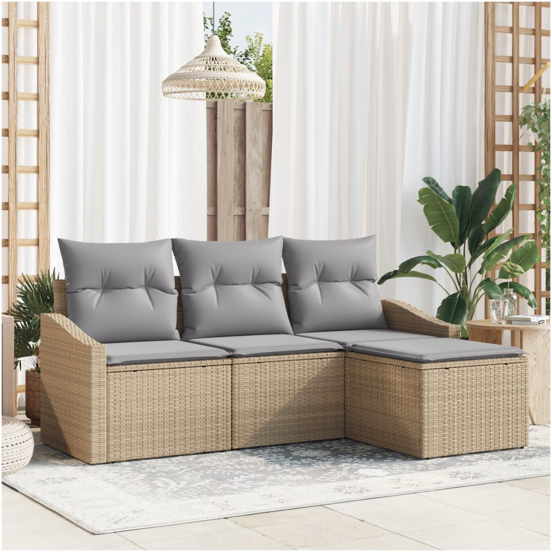 4 Delar Trädgårdsoffset med Kuddar i Beige Poly Rattan vidaXL 178 x 117 x 85 cm