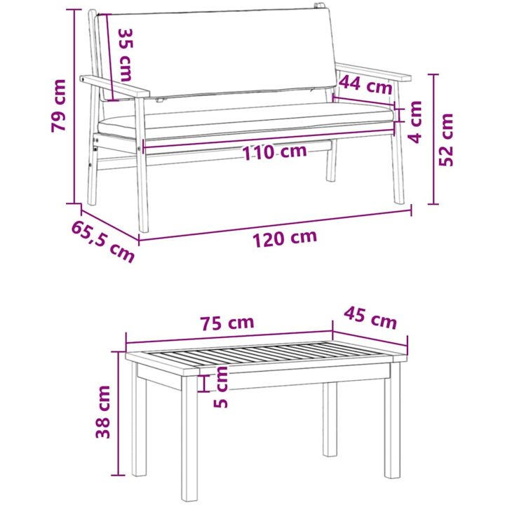 4 delar trädgårdsoffset med kuddar i massivt akaciaträ vidaXL 120 x 65.5 x 79 cm – bild 11