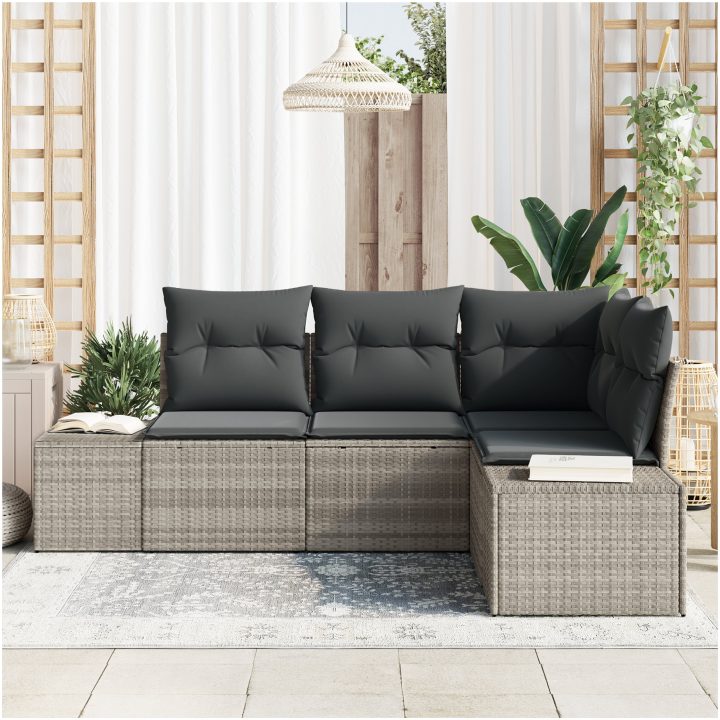 4 Delar Trädgårdssoffset med Kuddar Ljusgrå Poly Rattan vidaXL 209 x 154 x 85 cm – bild 3
