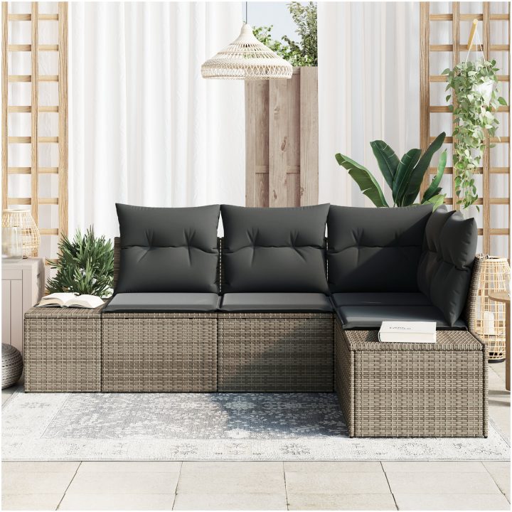4-delars set med trädgårdsoffor och kuddar i grå poly-rattan vidaXL 209 x 154 x 85 cm – bild 3