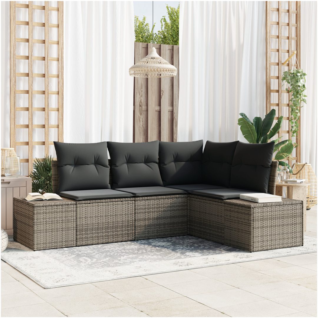 4-delars set med trädgårdsoffor och kuddar i grå poly-rattan vidaXL 209 x 154 x 85 cm