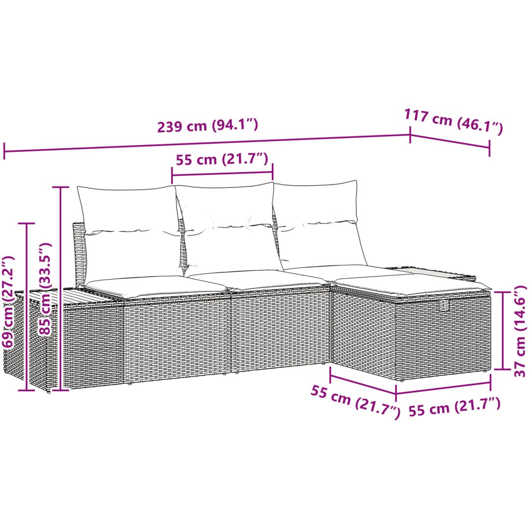 4 Delars Soffgrupp med Kuddar, Grå Poly Rattan vidaXL 239 x 117 x 85 cm – bild 9