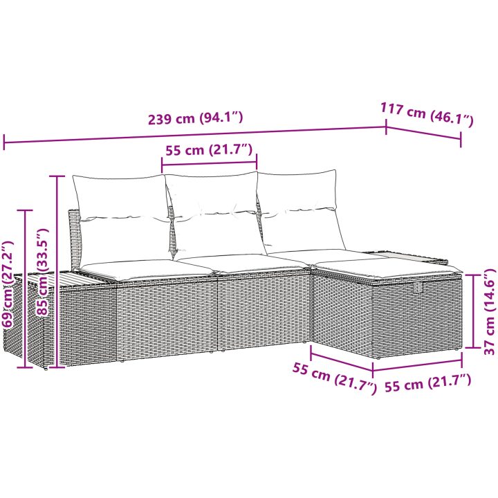 4 Delars Soffgrupp med Kuddar, Grå Poly Rattan vidaXL 239 x 117 x 85 cm – bild 9