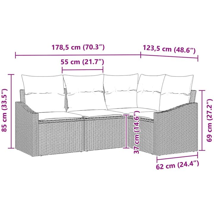 4-delars trädgårdsmatset med kuddar i ljusgrå poly rattan vidaXL 178.5 x 123.5 x 85 cm – bild 12