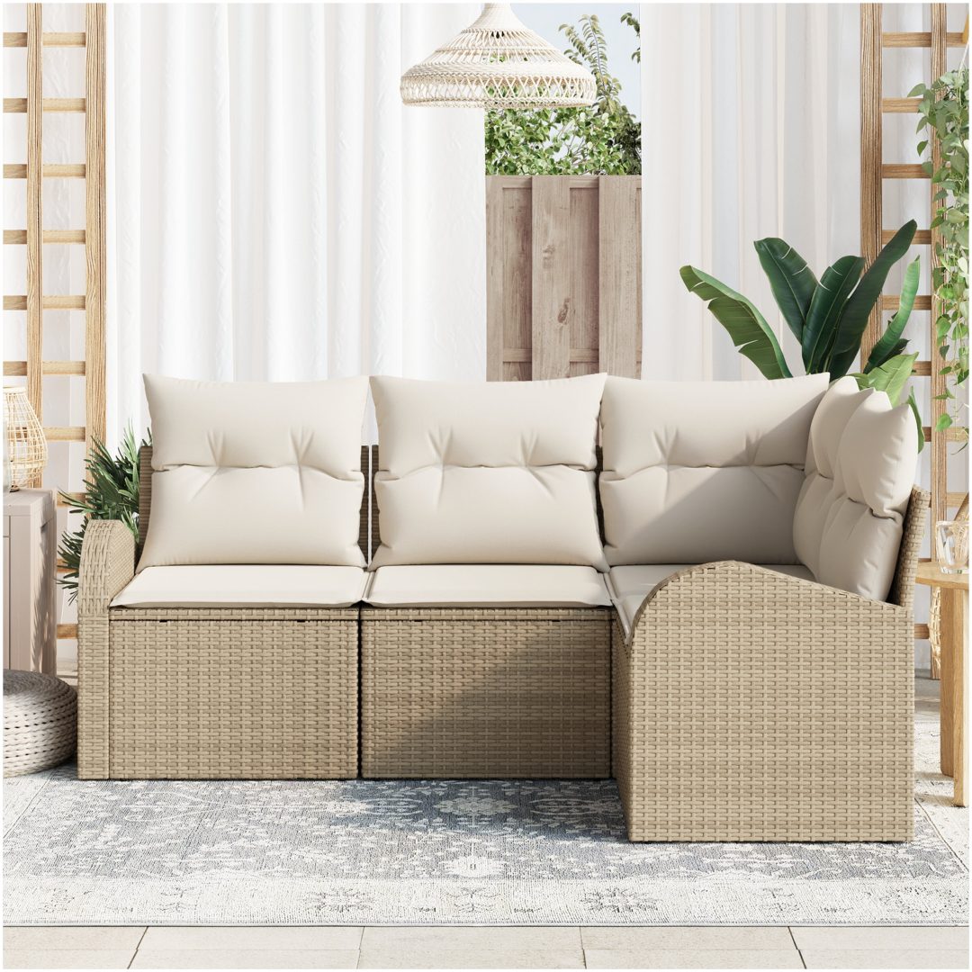 4-delars trädgårdsofa set med kuddar beige poly rotting vidaXL Stor – bild 3