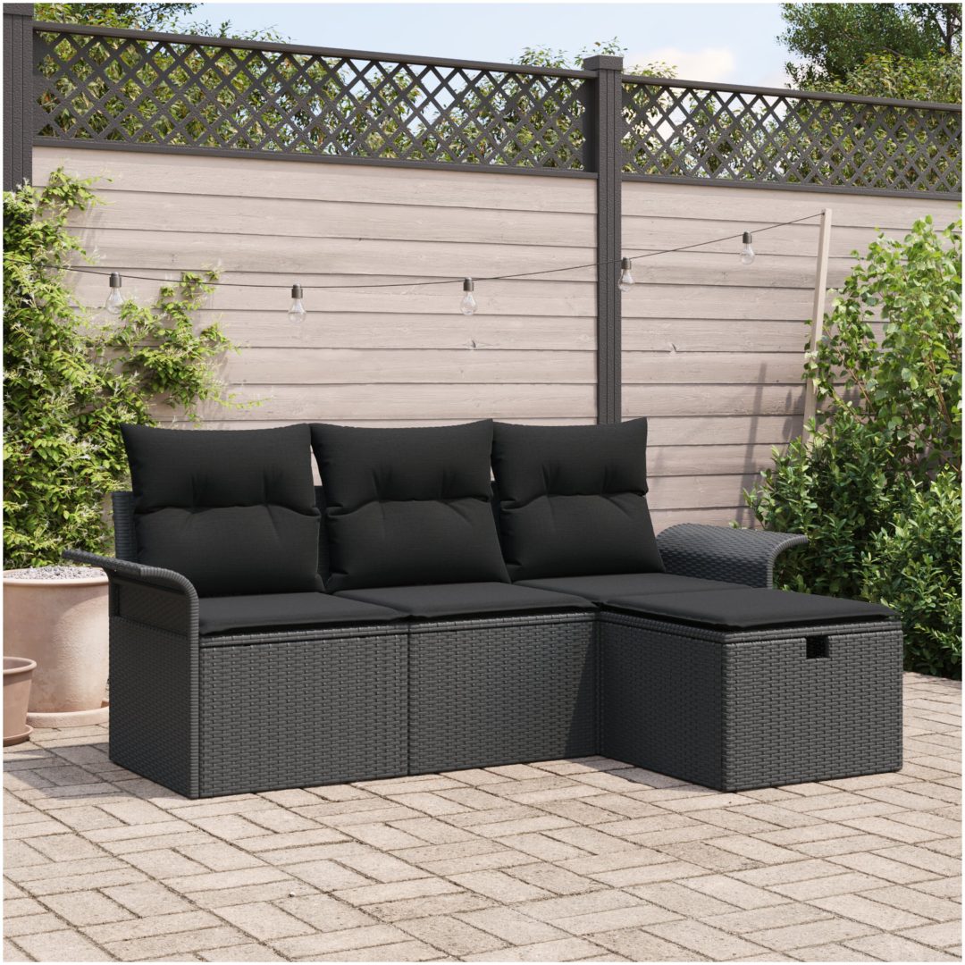 4 Delars Trädgårdsofa Set med Kuddar Svart Poly Rattan vidaXL Medium