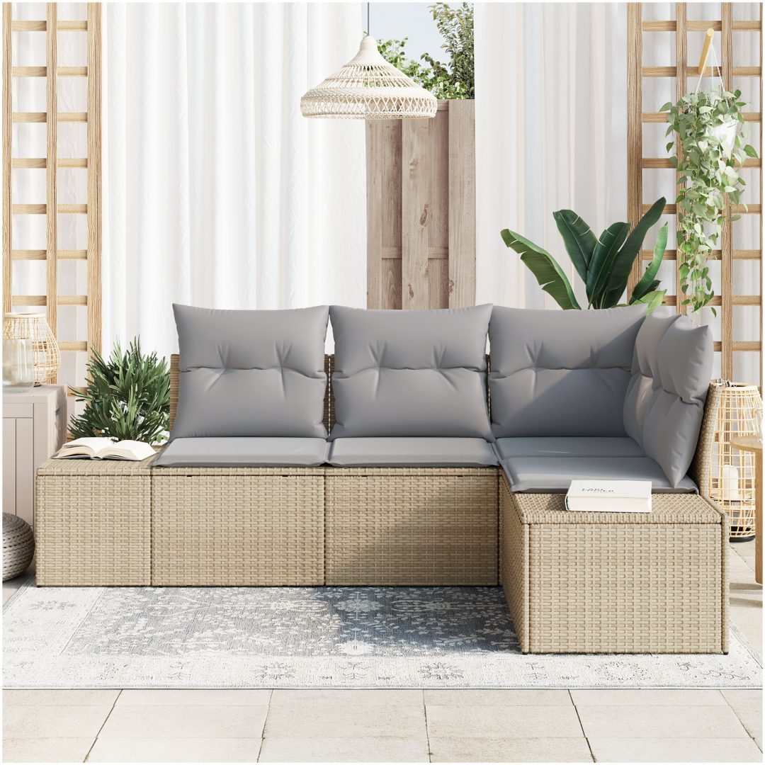 4-delars Trädgårdsoff-set med kuddar Beige Poly Rattanj vidaXL 209 x 154 x 85 cm – bild 3
