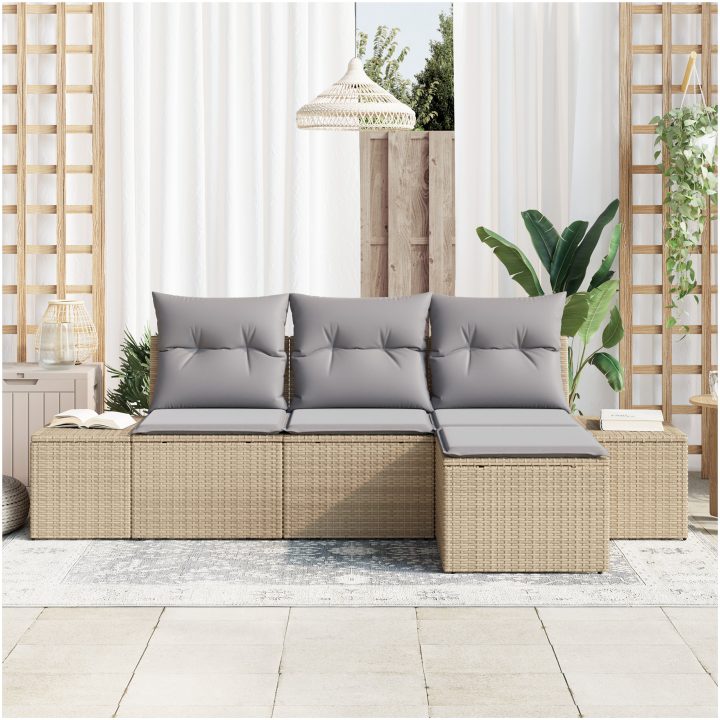 4-delars trädgårdsoff-set med kuddar Beige Poly-rotting vidaXL 239 x 117 x 85 cm – bild 3