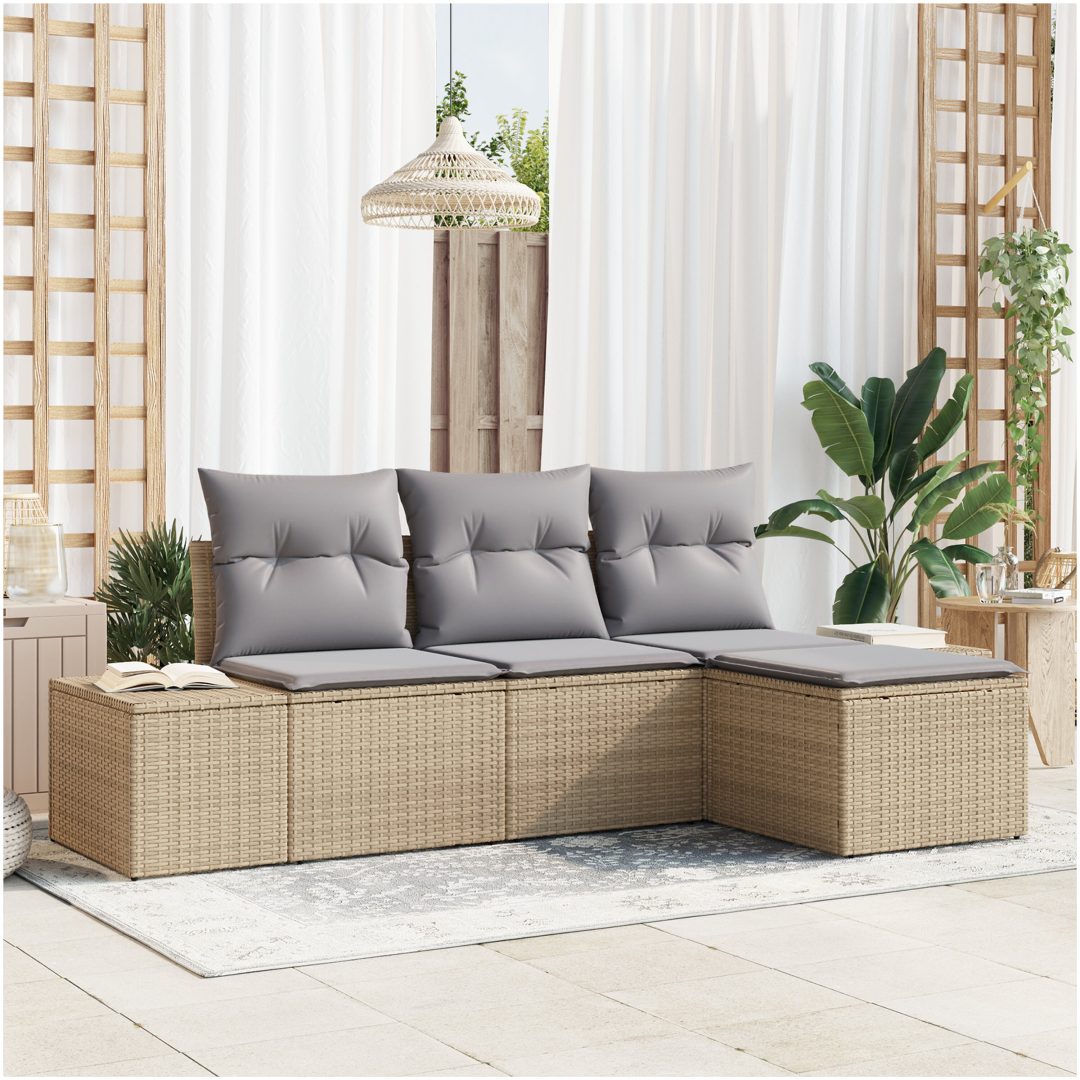 4-delars trädgårdsoff-set med kuddar Beige Poly-rotting vidaXL 239 x 117 x 85 cm