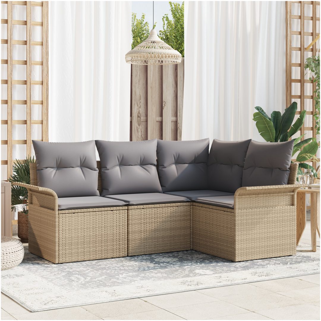 4 Delars Trädgårdsoff Set med Kuddar Beige Polyrotting vidaXL 187.5 x 132.5 x 85 cm