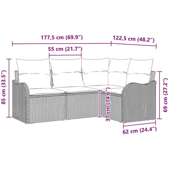 4-delars Trädgårdsoff-set med Kuddar Grå Poly Rattan vidaXL Medium – bild 12