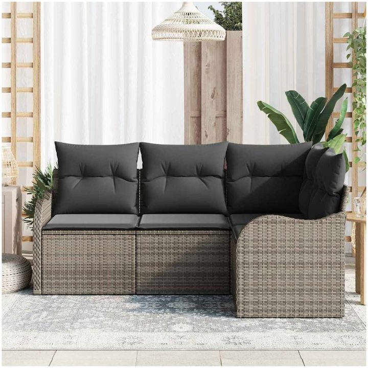 4-delars Trädgårdsoff-set med Kuddar Grå Poly Rattan vidaXL Medium – bild 3