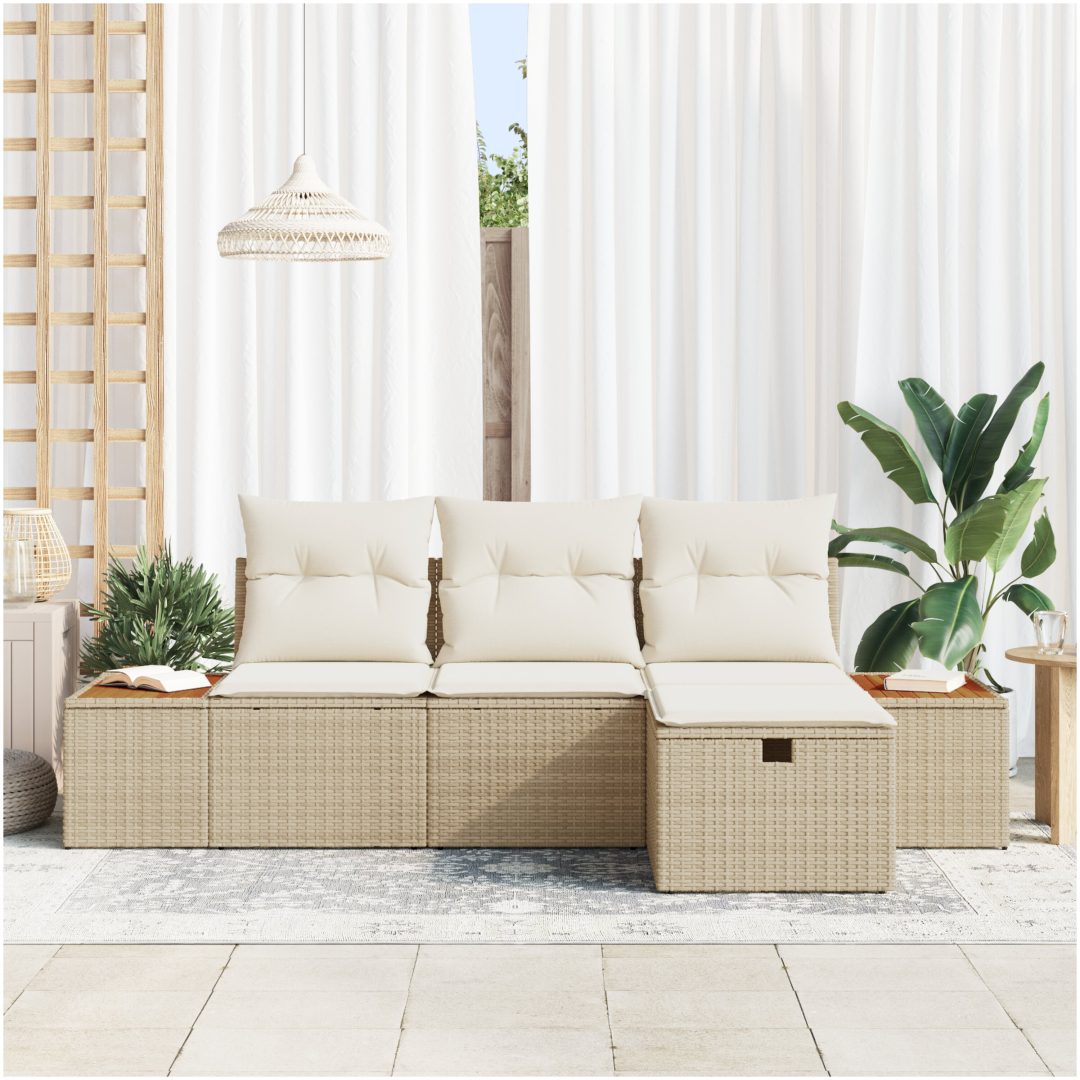 4-delars trädgårdsoff-set med kuddar i beige poly-rattan vidaXL 239 x 117 x 85 cm – bild 3