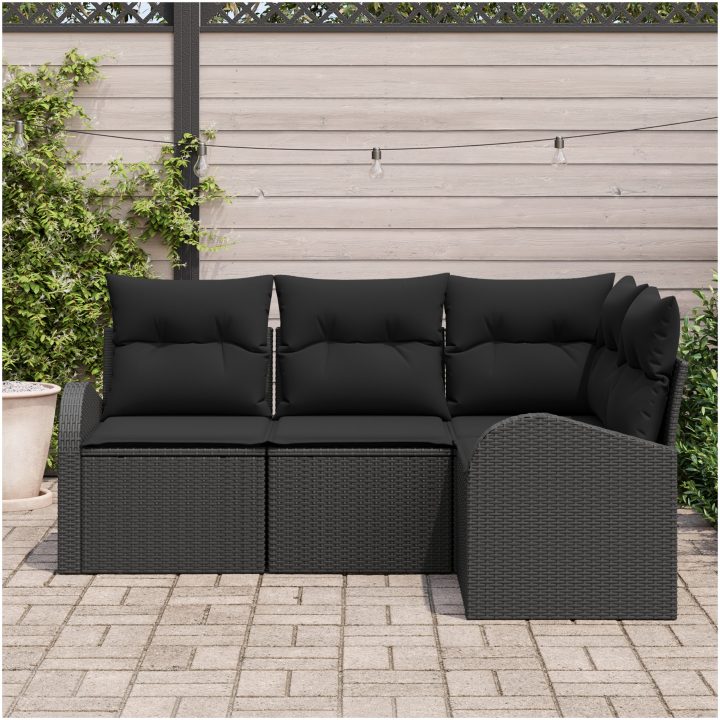 4-delars Trädgårdsoff Set med kuddar Svart Poly Rotting vidaXL Stor – bild 3
