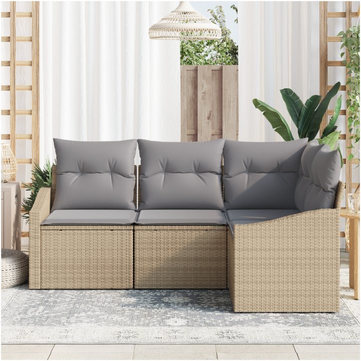 4-delars trädgårdsoffaset med kuddar beige poly rotting vidaXL 178.5 x 123.5 x 85 cm – bild 3