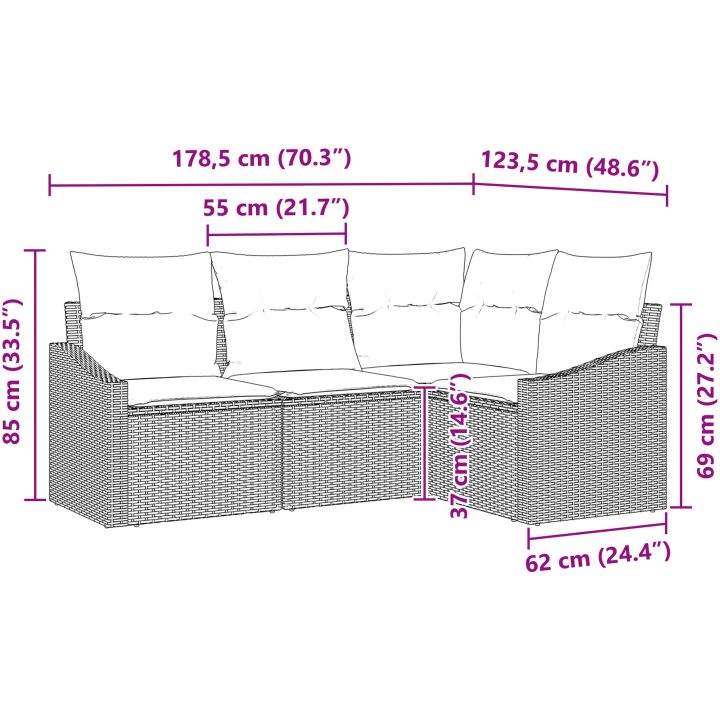 4-delars trädgårdsoffaset med kuddar beige poly rotting vidaXL 178.5 x 123.5 x 85 cm – bild 8