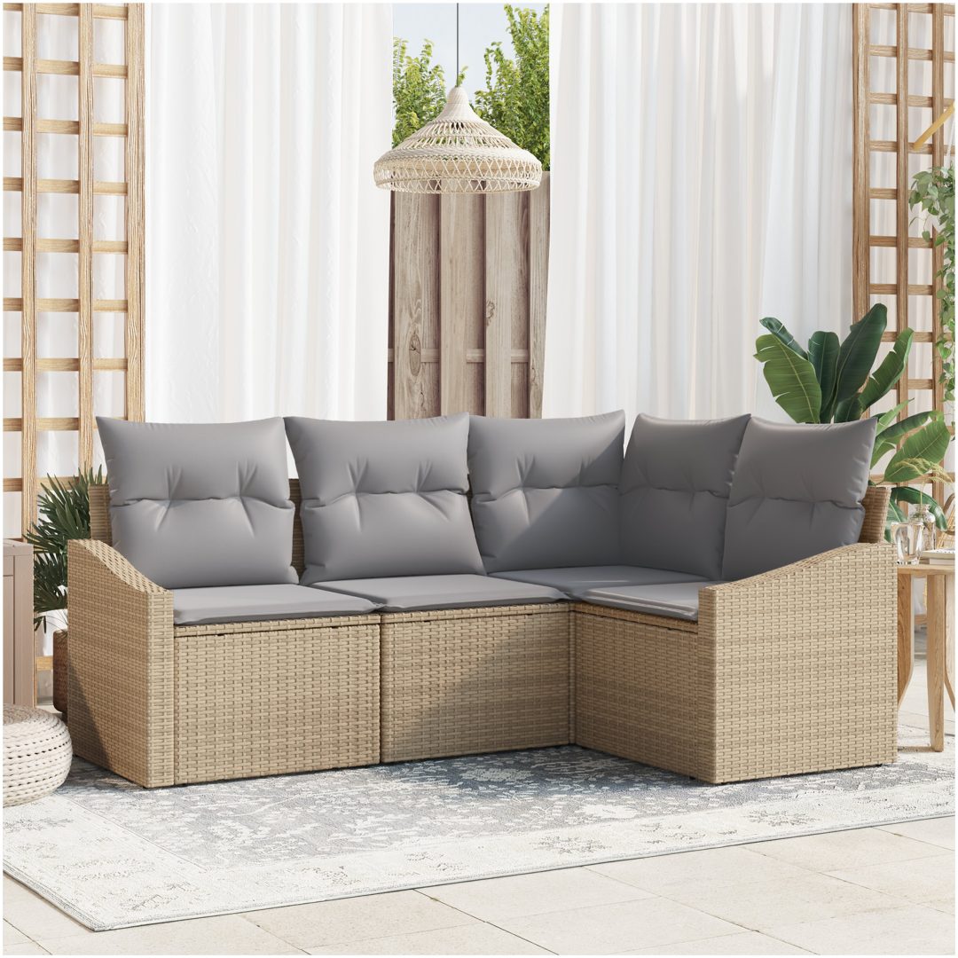 4-delars trädgårdsoffaset med kuddar beige poly rotting vidaXL 178.5 x 123.5 x 85 cm