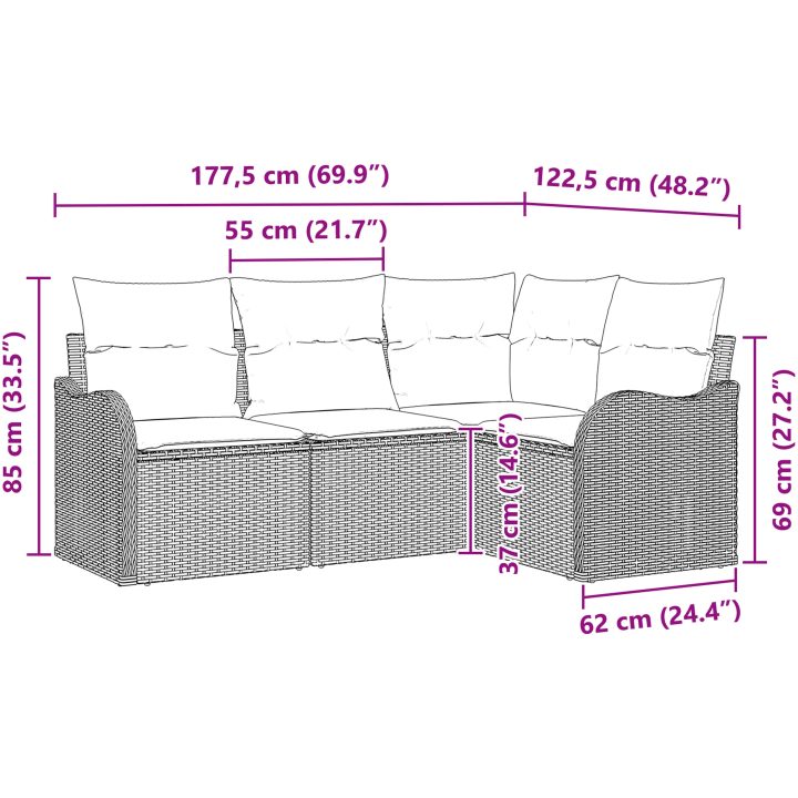 4 Delars Trädgårdsoffaset med Kuddar Brun Poly Rattan vidaXL Medium – bild 8