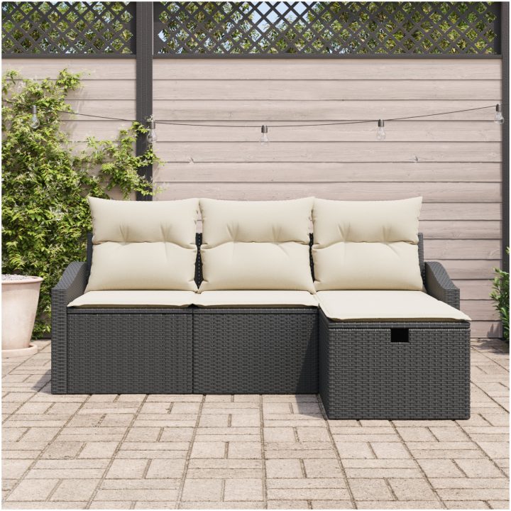 4-delars Trädgårdsoffaset med kuddar i svart poly rattan vidaXL 178 x 117 x 85 cm – bild 3