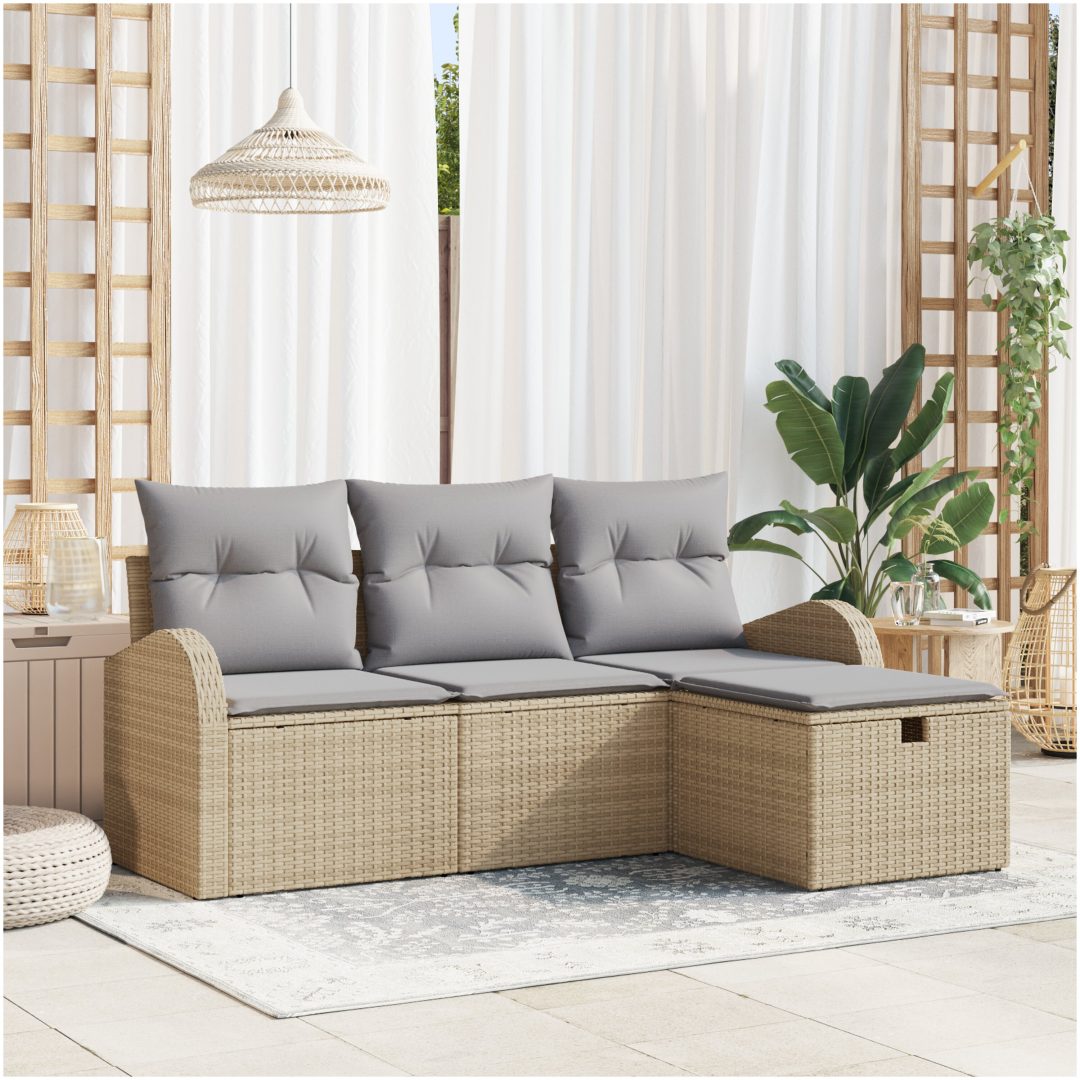 4-delars Trädgårdsoffasett med kuddar Beige Poly Rattan vidaXL Mellan