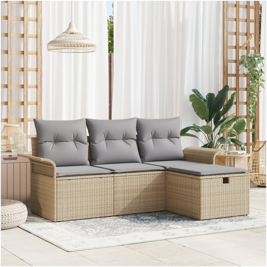 4 Delars Trädgårdsoffasett med Kuddar Beige Poly Rattan vidaXL Stor