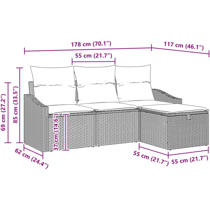 4-delars trädgårdsoffor med kuddar i ljusgrå polyrotting vidaXL 178 x 117 x 85 cm – bild 9