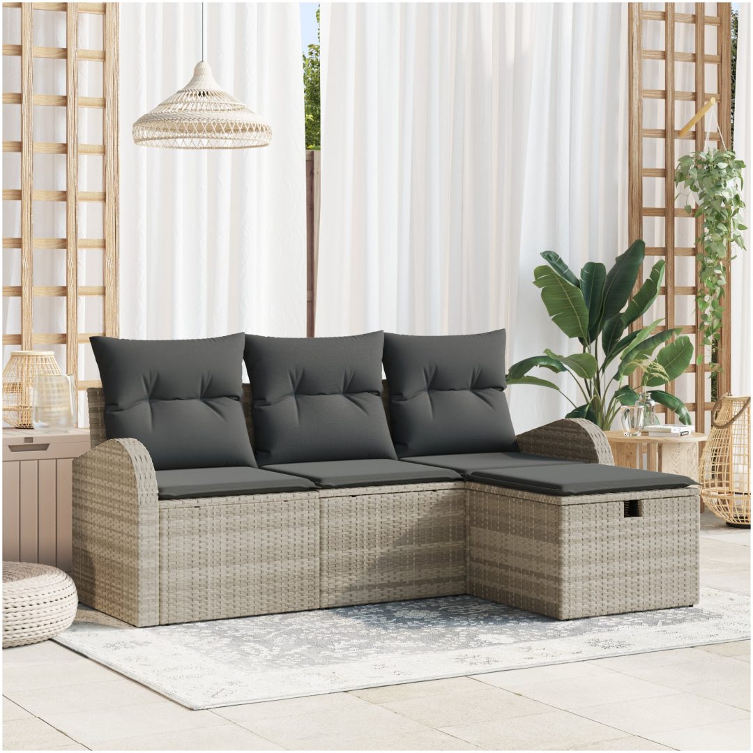4-delars trädgårdsoffset med kuddar ljusgrå poly rattan vidaXL 179 x 117 x 85 cm