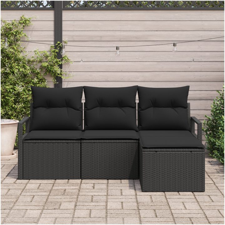 4-delars trädgårdsoffset med kuddar Svart Poly Rotting vidaXL Medium – bild 3