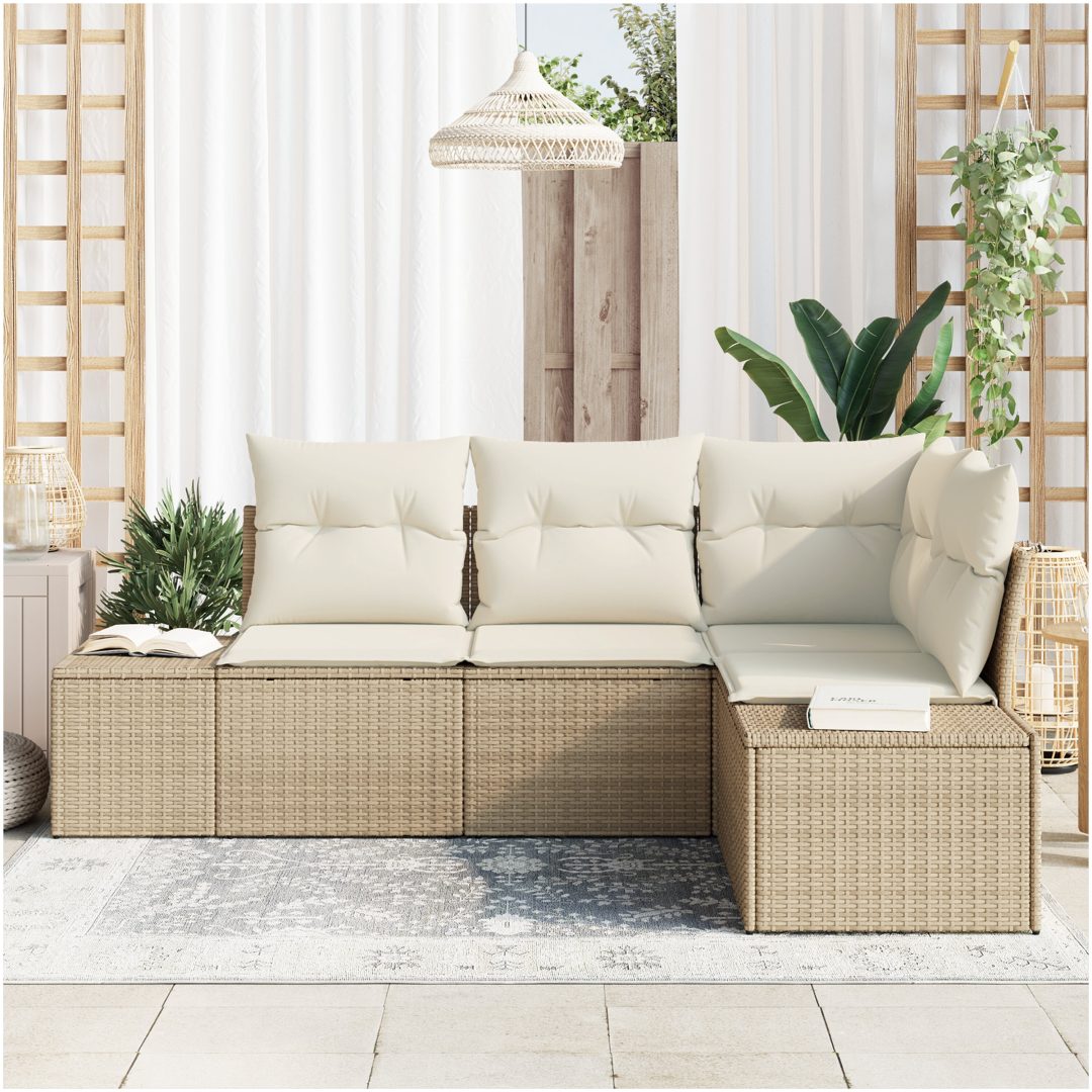 4-delars trädgårdssoffa med kuddar i beige polyrotting vidaXL 209 x 154 x 85 cm – bild 3
