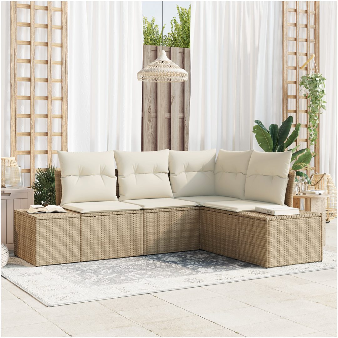 4-delars trädgårdssoffa med kuddar i beige polyrotting vidaXL 209 x 154 x 85 cm