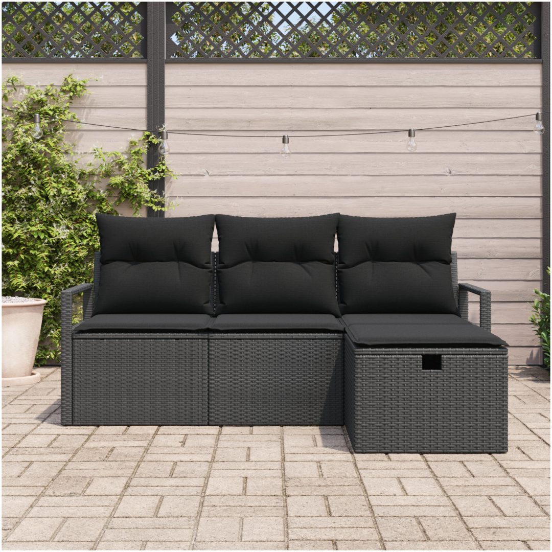 4 Delars Trädgårdssoffa Set med Kuddar Svart Poly Rottning vidaXL Medium – bild 3