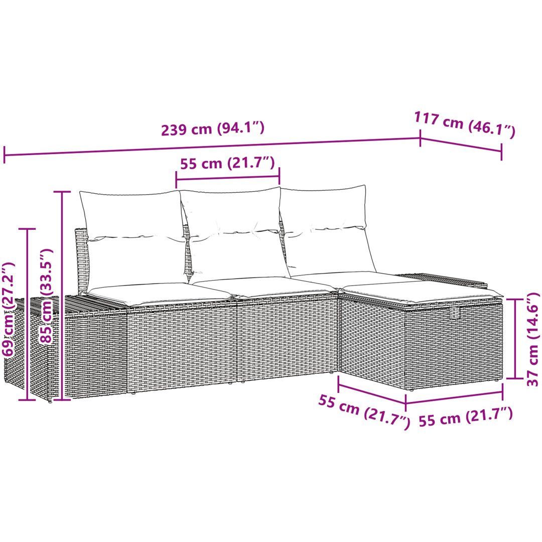 4-delars trädgårdssoffaset med kuddar i grå poly rattan vidaXL 239 x 117 x 85 cm – bild 9