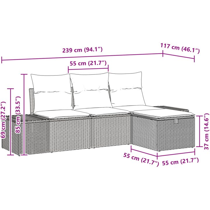 4-delars trädgårdssoffaset med kuddar i grå poly rattan vidaXL 239 x 117 x 85 cm – bild 9