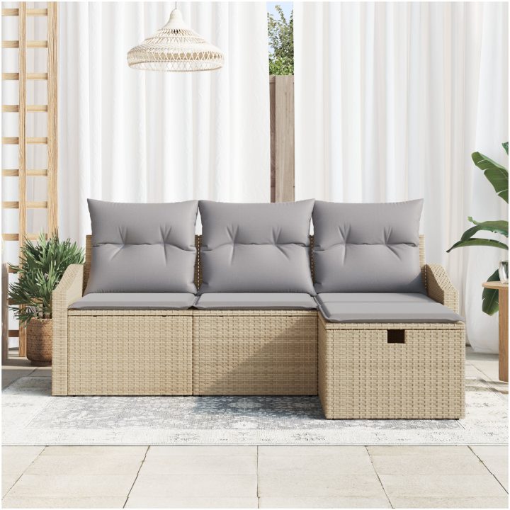4-delars trädgårdssoffgrupp med kuddar i beige poly-rattan vidaXL 178 x 117 x 85 cm – bild 3