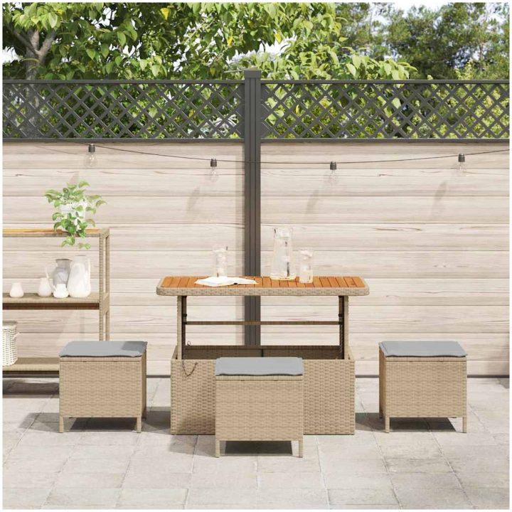 4-delat trädgårdsdining set med kuddar Beige Poly Rattan Akacia vidaXL 110 cm – bild 4