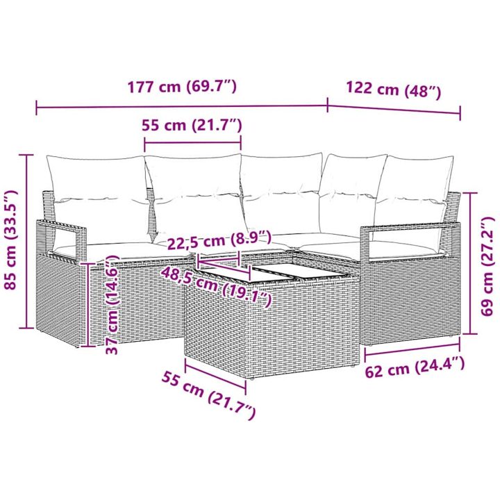 4-delat Trädgårdsofaset med Kuddar Brunt Poly Rattan vidaXL Stor – bild 9