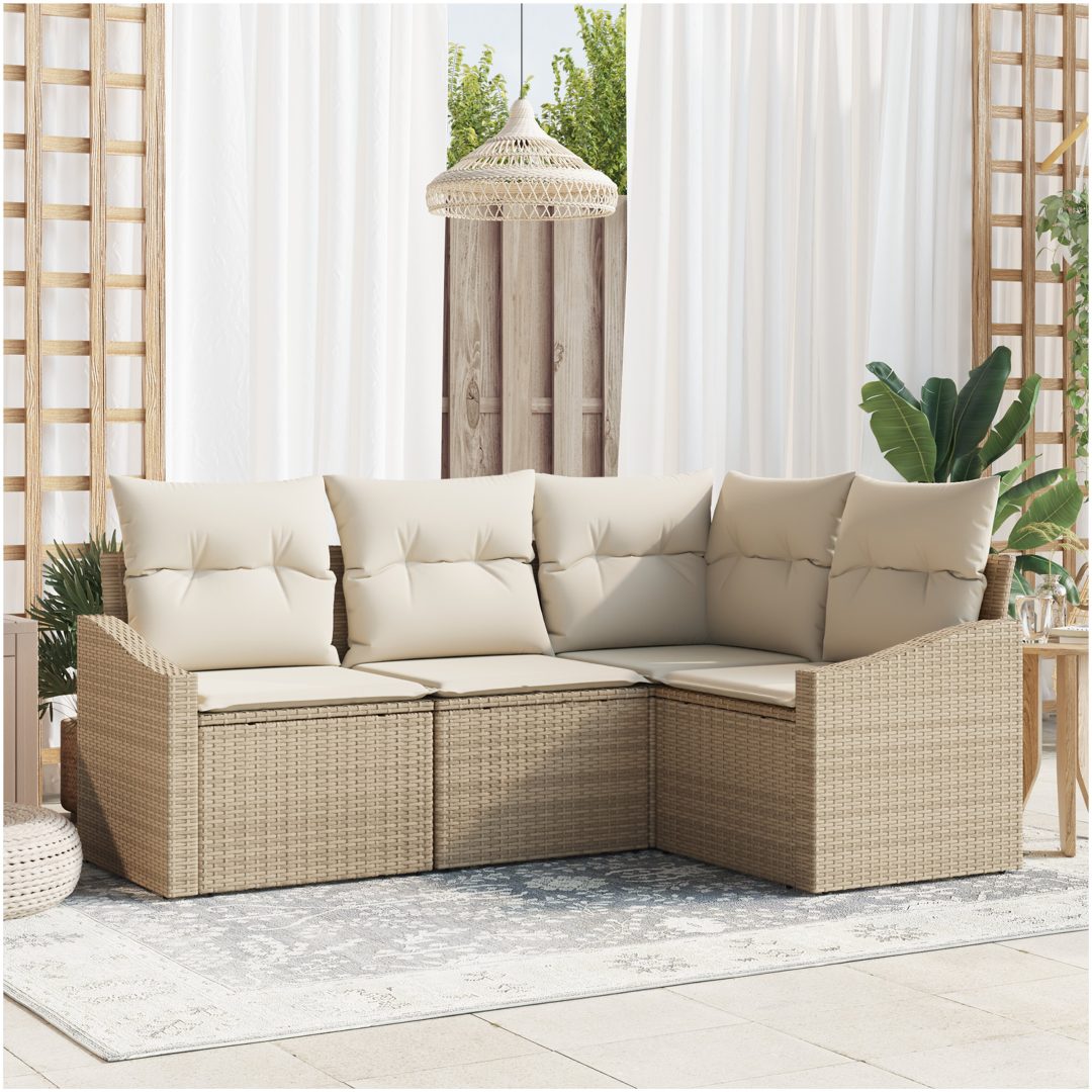 4-delat trädgårdsoff-set med kuddar beige poly rotting vidaXL 178.5 x 123.5 x 85 cm