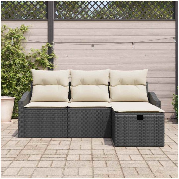 4-delat trädgårdsoff-set med kuddar i svart polyrotting vidaXL 178 x 117 x 85 cm – bild 3