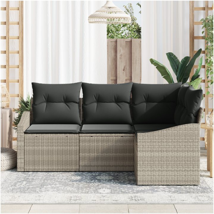 4-delat Trädgårdsoff-set med kuddar Ljusgrå Poly Rattan vidaXL 178.5 x 123.5 x 85 cm – bild 3
