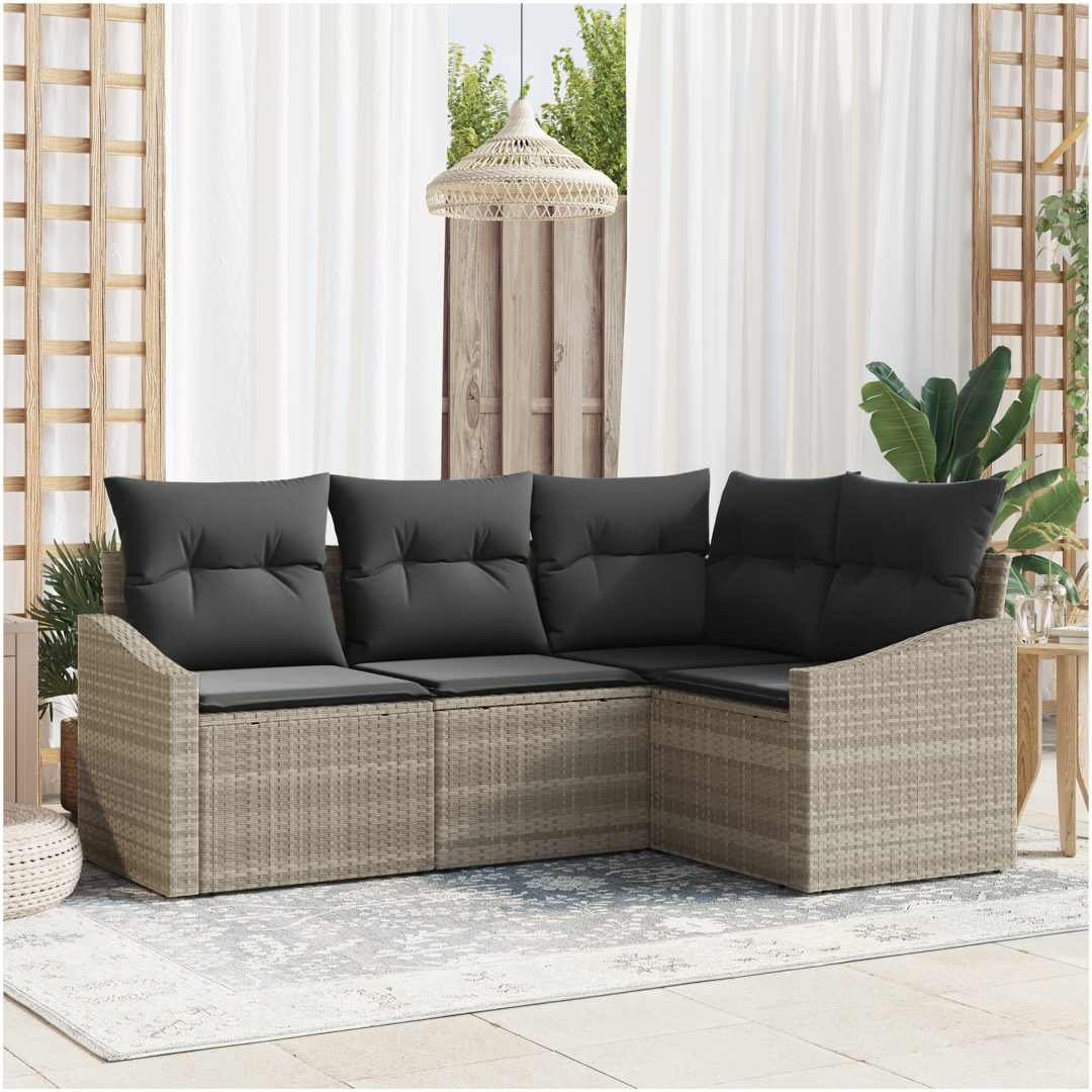4-delat Trädgårdsoff-set med kuddar Ljusgrå Poly Rattan vidaXL 178.5 x 123.5 x 85 cm