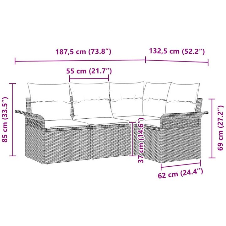 4-delat Trädgårdsoff-set med kuddar Ljusgrå Polyrotting vidaXL 187.5 x 132.5 x 85 cm – bild 11