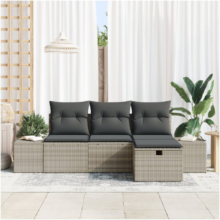 4-delat trädgårdsoff-set med ljusgrå polyrotting och kuddar vidaXL 239 x 117 x 85 cm – bild 3